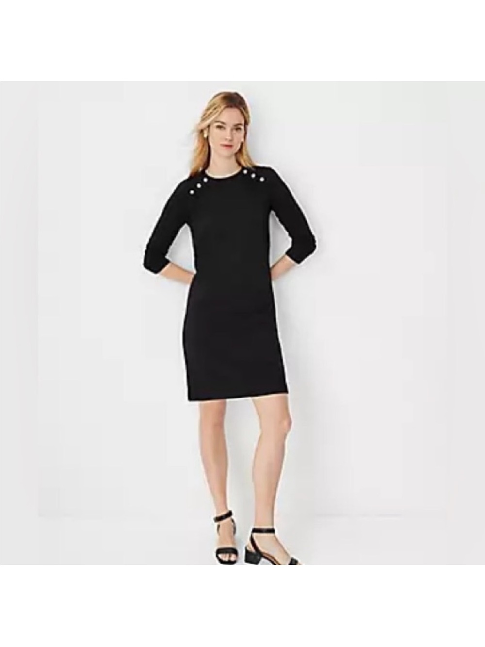 Ann Taylor Button Shoulder Shift Dress Black Gold sz L